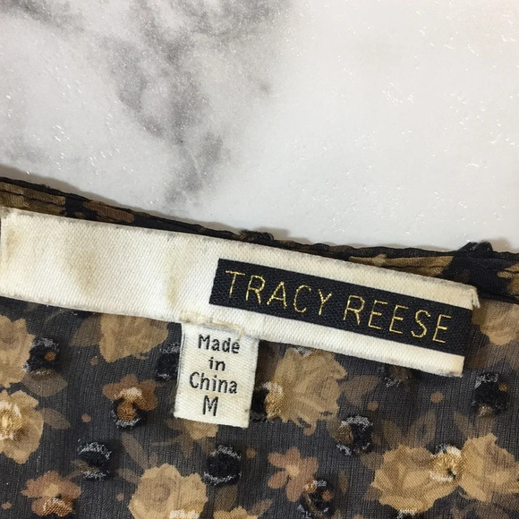 Tracy Reese Brown Black Floral Silk Blouse Womens Medium‎ Long Sleeve Sheer - Picture 5 of 11
